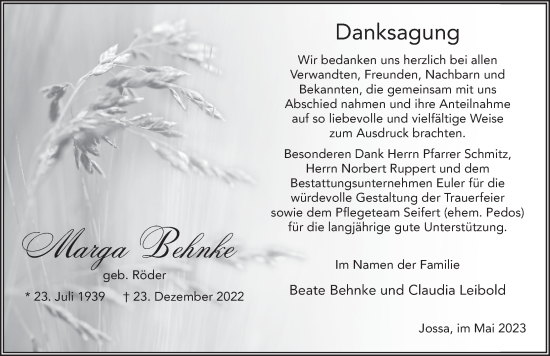 Traueranzeige von Marga Behnke von FZ