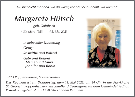 Traueranzeige von Margareta Hütsch von FZ