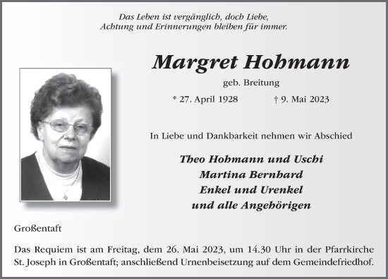 Traueranzeige von Margret Hohmann von FZ