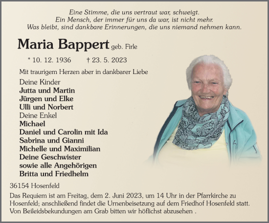 Traueranzeige von Maria Bappert von FZ