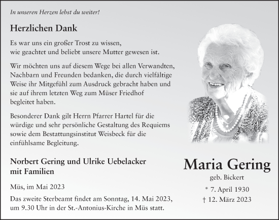 Traueranzeige von Maria Gering von FZ