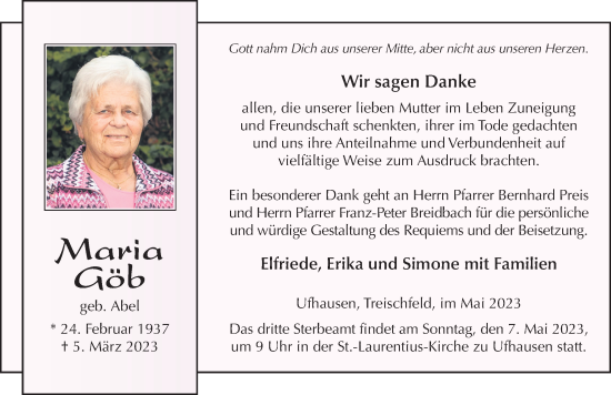 Traueranzeige von Maria Göb von FZ