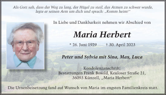 Traueranzeige von Maria Herbert von FZ
