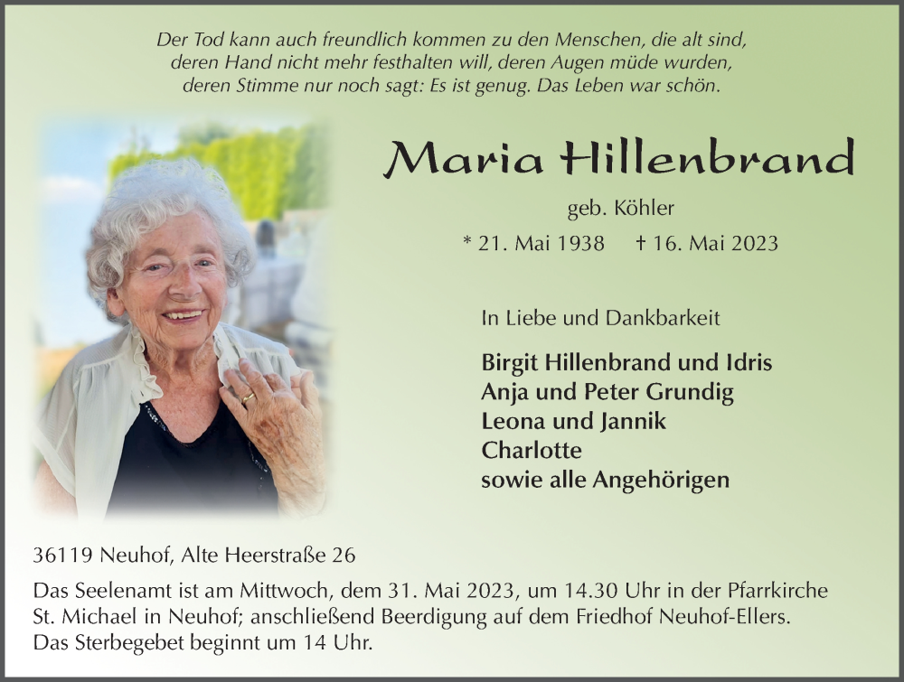  Traueranzeige für Maria Hillenbrand vom 27.05.2023 aus FZ