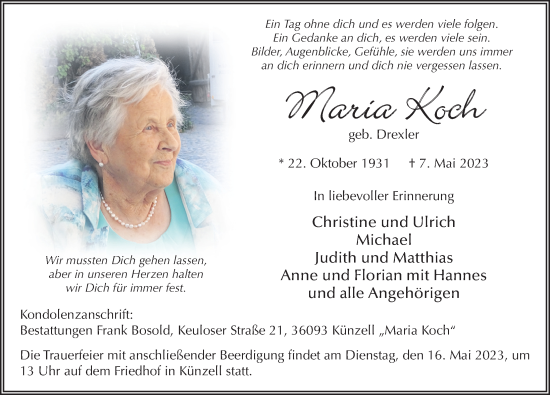 Traueranzeige von Maria Koch von FZ