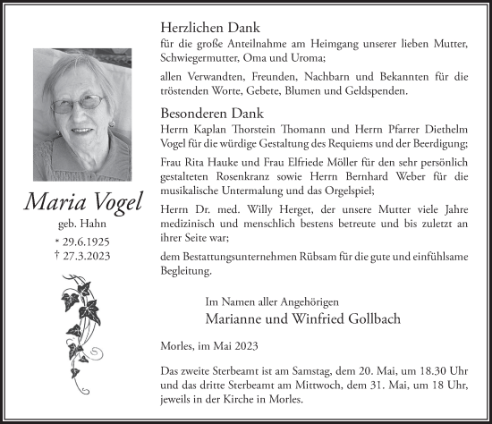 Traueranzeige von Maria Vogel von FZ