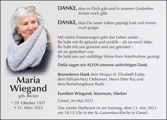 Traueranzeige von Maria Wiegand von FZ