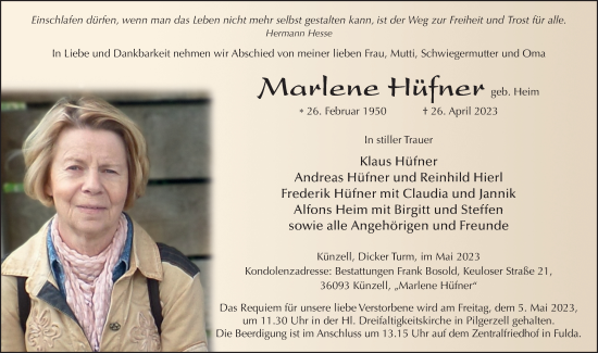 Traueranzeige von Marlene Hüfner von FZ