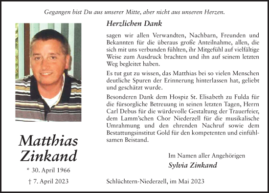 Traueranzeige von Matthias Zinkand von FZ