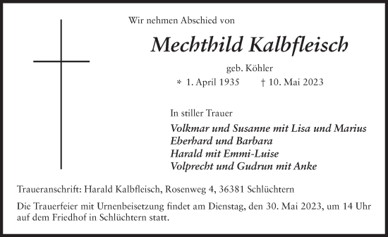 Traueranzeige von Mechthild Kalbfleisch von FZ
