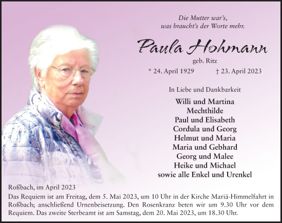 Traueranzeige von Paula Hohmann von FZ