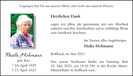 Traueranzeige von Paula Hohmann von FZ