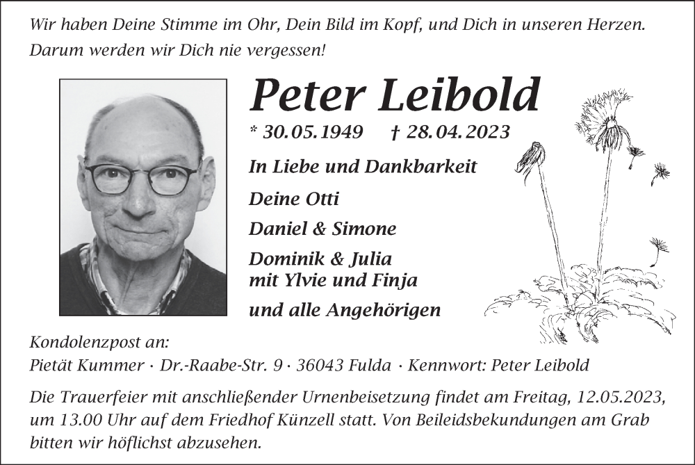  Traueranzeige für Peter Leibold vom 09.05.2023 aus FZ