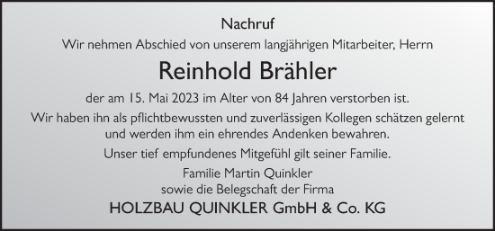 Traueranzeige von Reinhold Brähler von FZ
