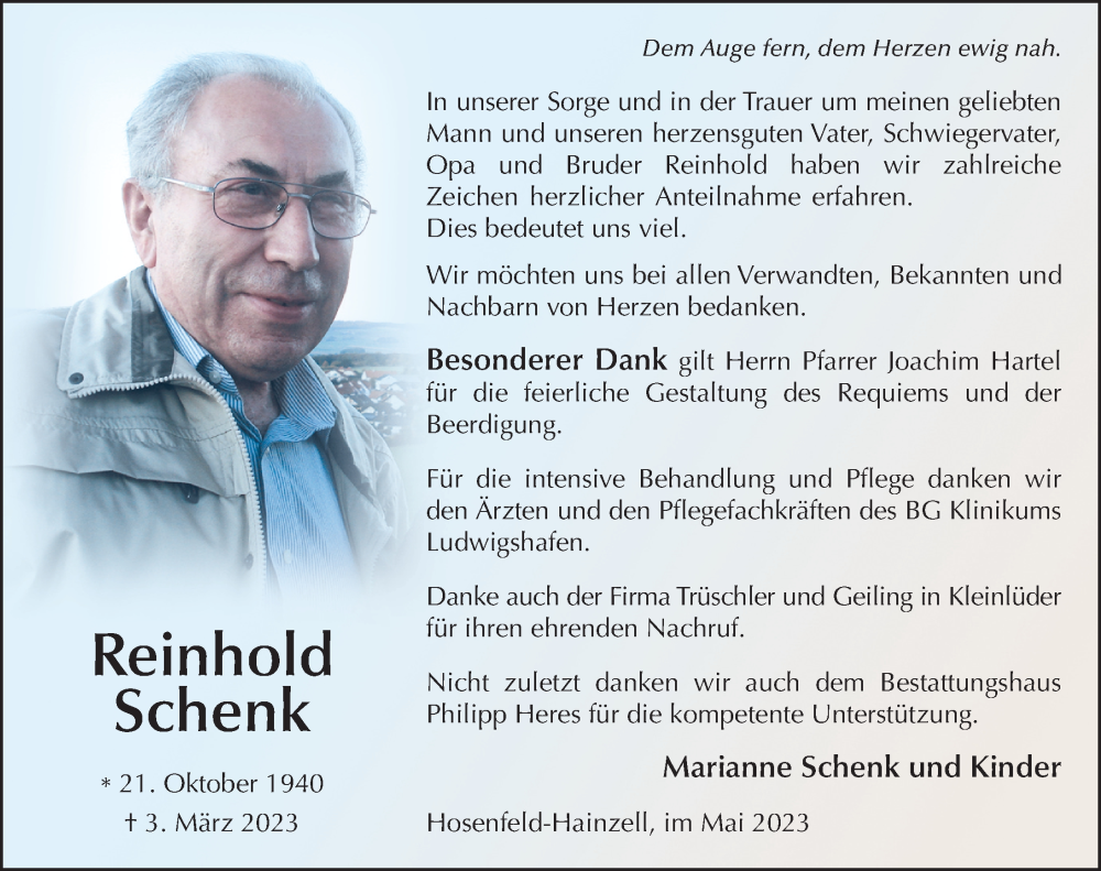  Traueranzeige für Reinhold Schenk vom 20.05.2023 aus FZ