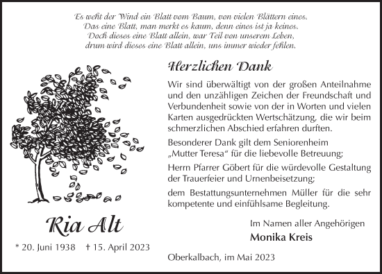 Traueranzeige von Ria Alt von FZ