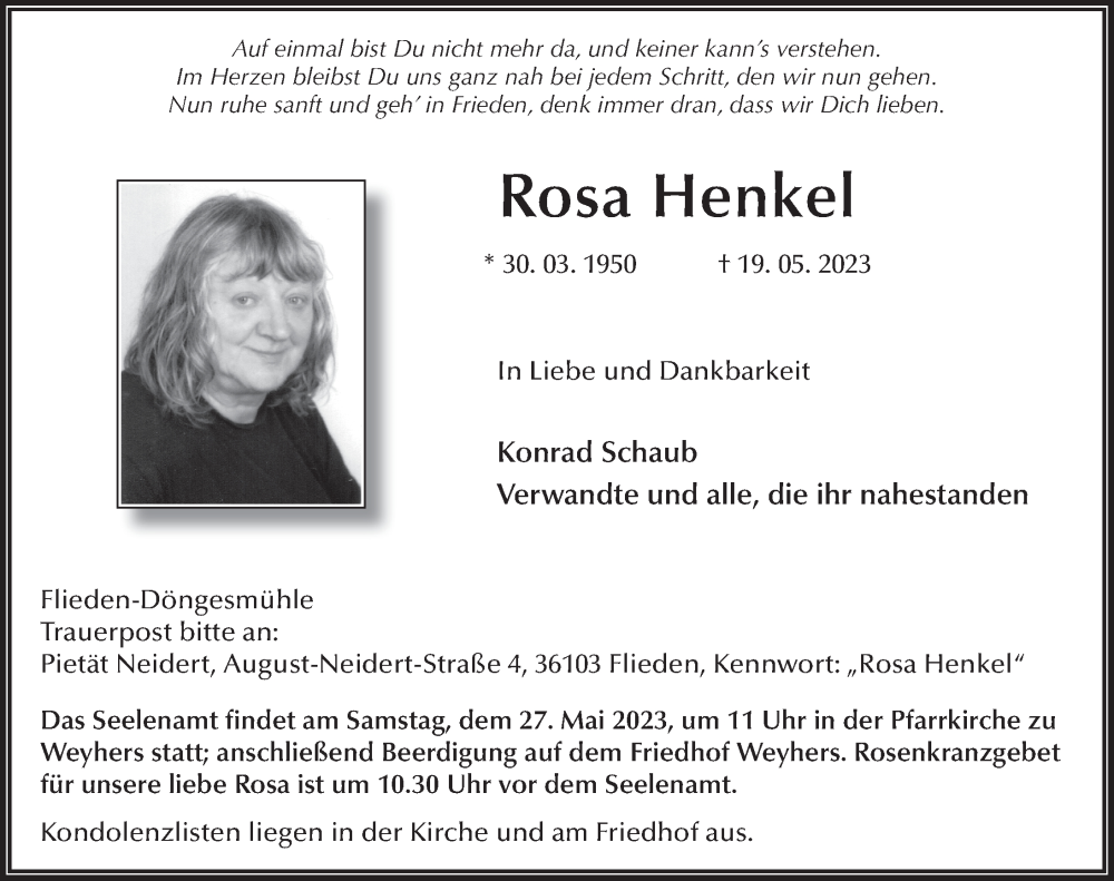  Traueranzeige für Rosa Henkel vom 25.05.2023 aus FZ