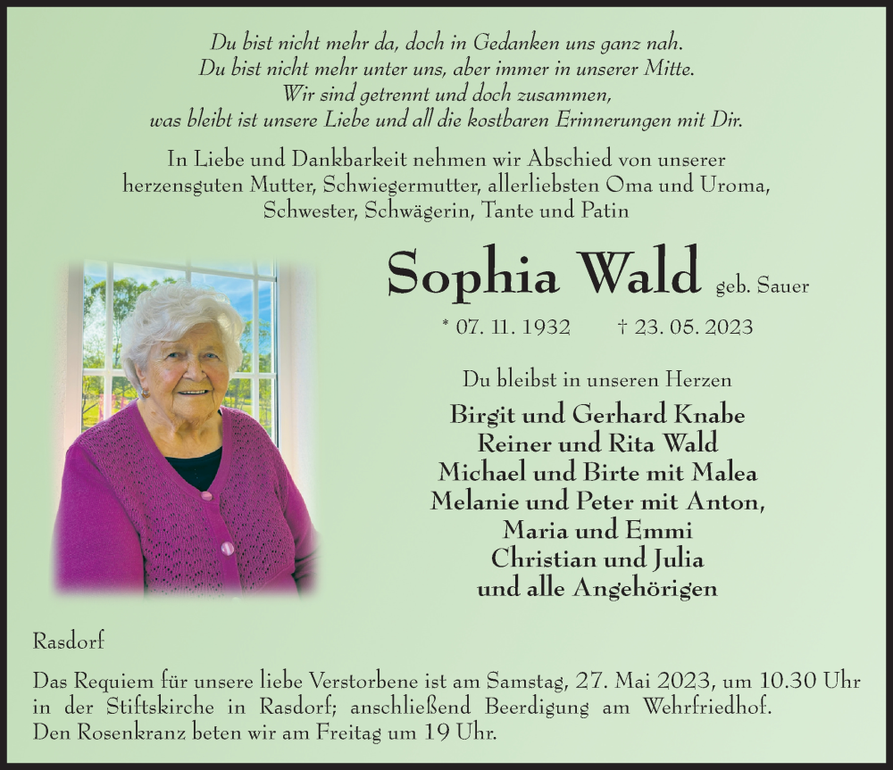  Traueranzeige für Sophia Wald vom 25.05.2023 aus FZ
