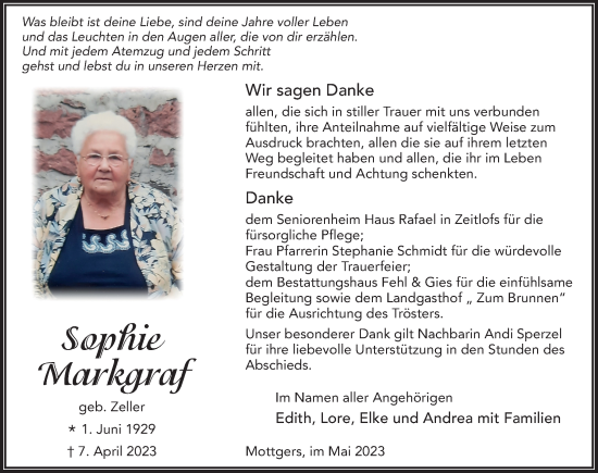 Traueranzeige von Sophie Markgraf von FZ