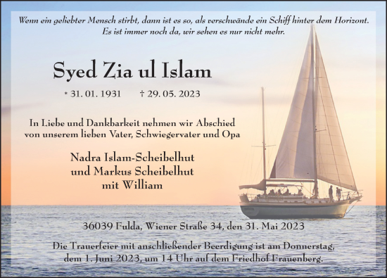 Traueranzeige von Syed Zia ul Islam von FZ