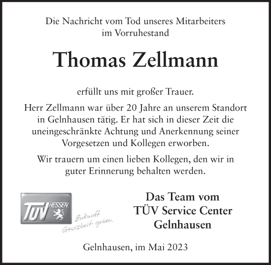 Traueranzeige von Thomas Zellmann von FZ