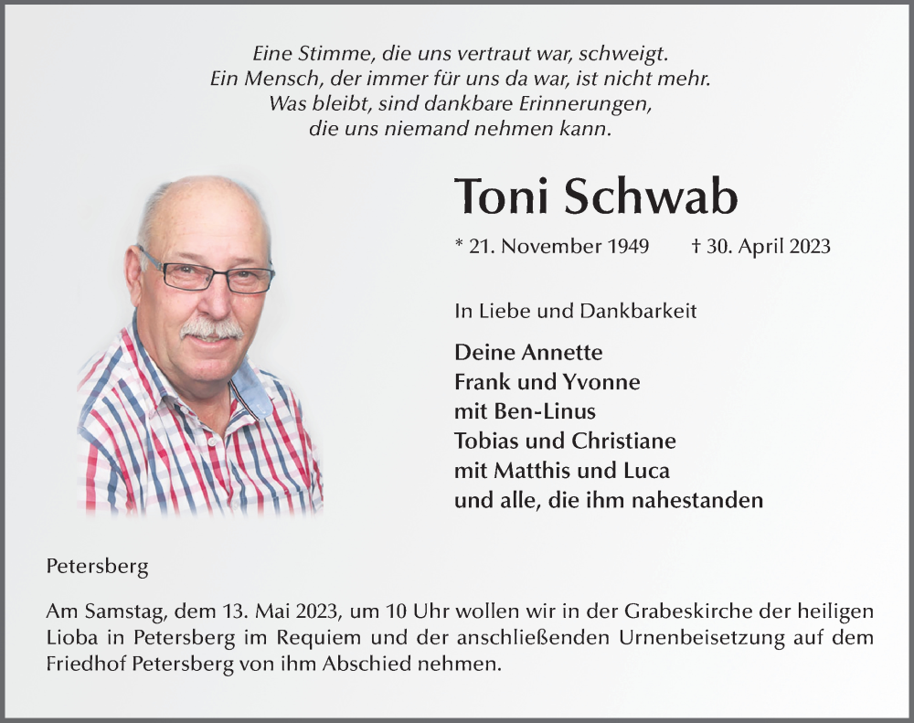  Traueranzeige für Toni Schwab vom 06.05.2023 aus FZ