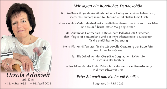 Traueranzeige von Ursula Adomeit von FZ