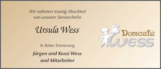 Traueranzeige von Ursula Wess von FZ