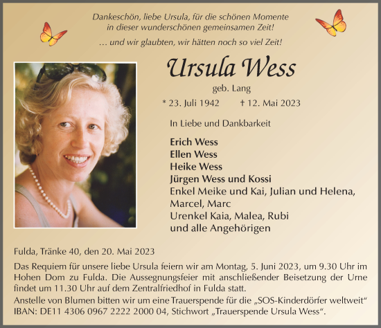 Traueranzeige von Ursula Wess von FZ