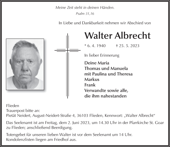 Traueranzeige von Walter Albrecht von FZ