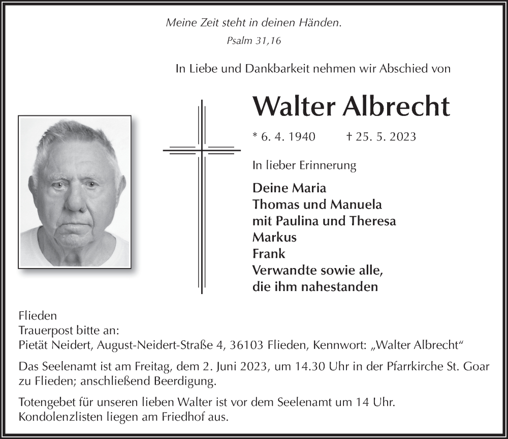  Traueranzeige für Walter Albrecht vom 31.05.2023 aus FZ