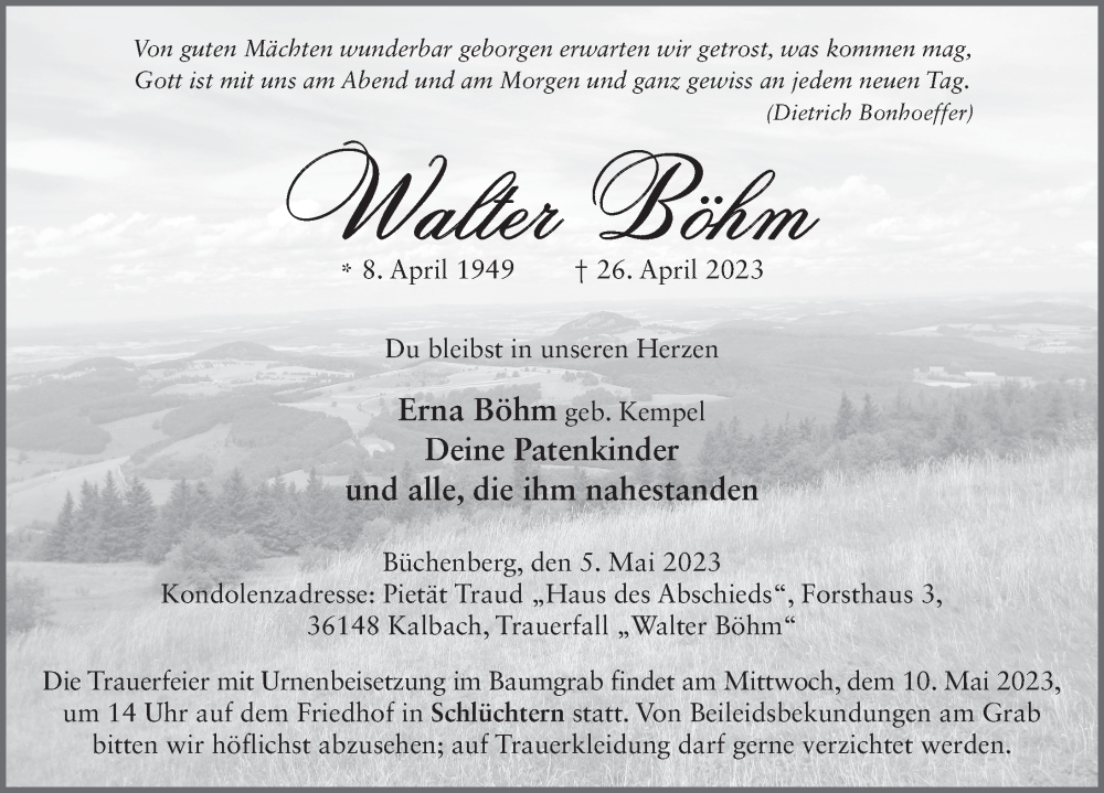  Traueranzeige für Walter Böhm vom 05.05.2023 aus FZ
