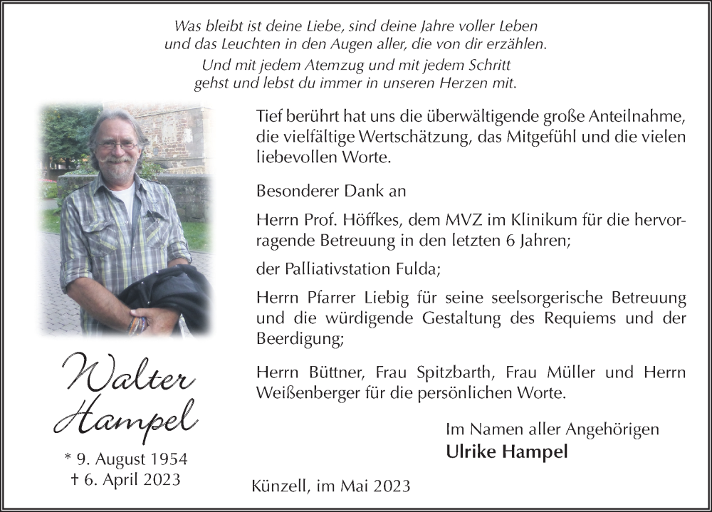  Traueranzeige für Walter Hampel vom 13.05.2023 aus FZ
