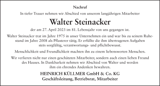 Traueranzeige von Walter Steinacker von FZ