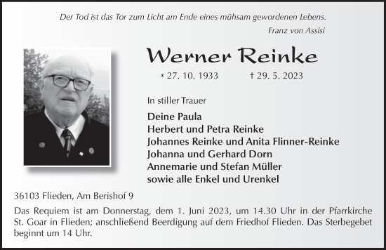 Traueranzeige von Werner Reinke von FZ