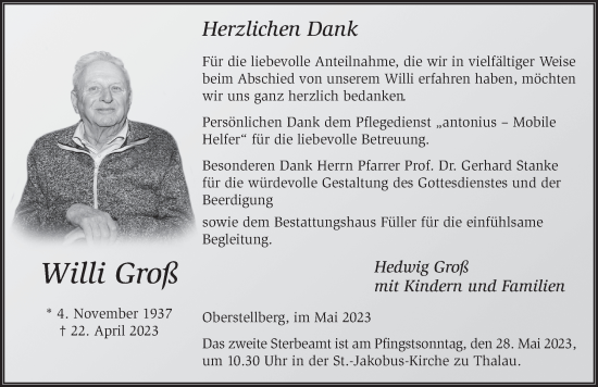 Traueranzeige von Willi Groß von FZ