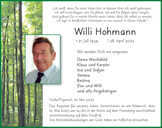Traueranzeige von Willi Hohmann von FZ