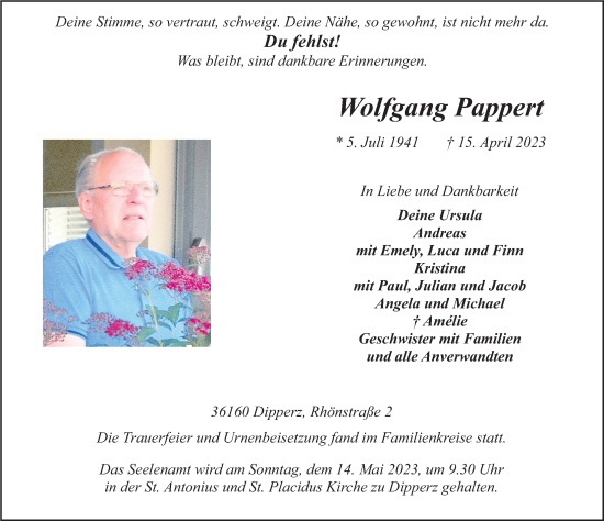 Traueranzeige von Wolfgang Pappert von FZ
