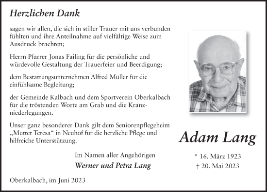 Traueranzeige von Adam Lang von FZ