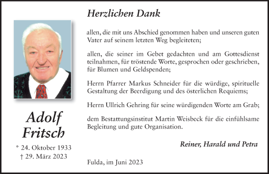 Traueranzeige von Adolf Fritsch von FZ