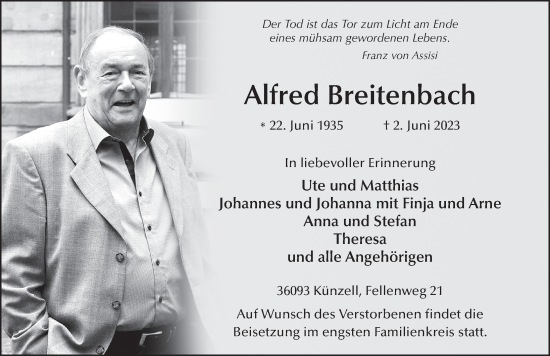 Traueranzeige von Alfred Breitenbach von FZ