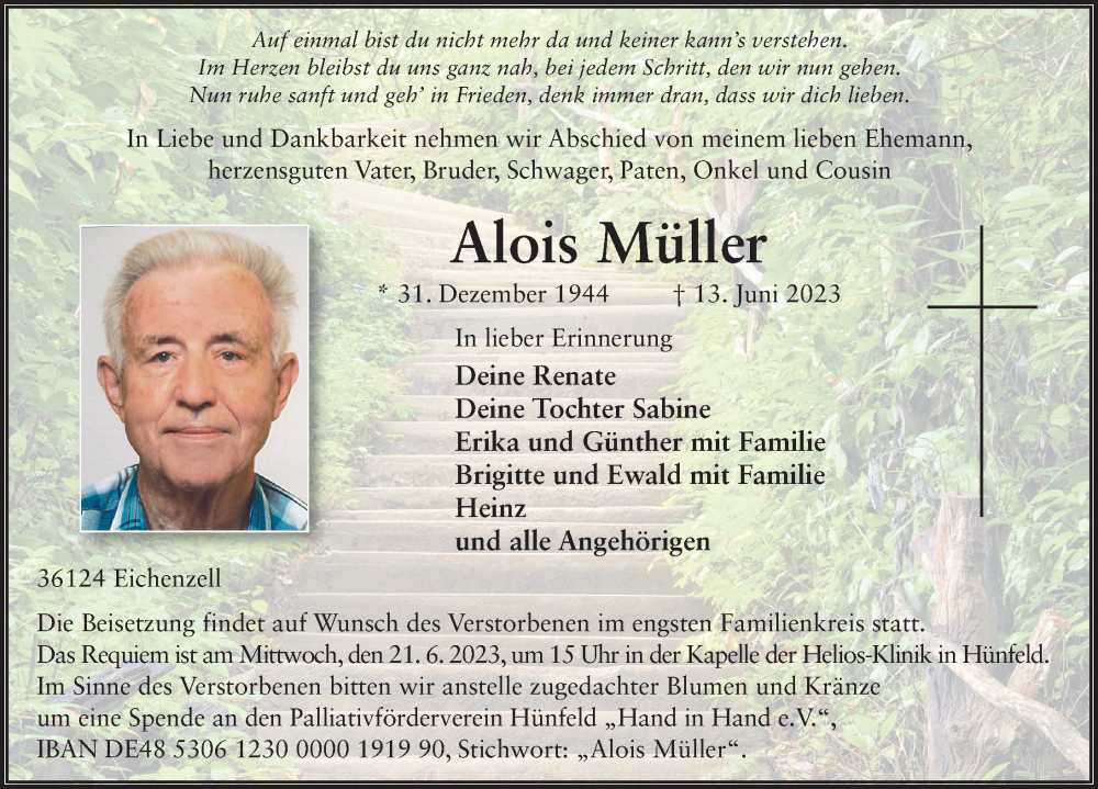  Traueranzeige für Alois Müller vom 17.06.2023 aus FZ