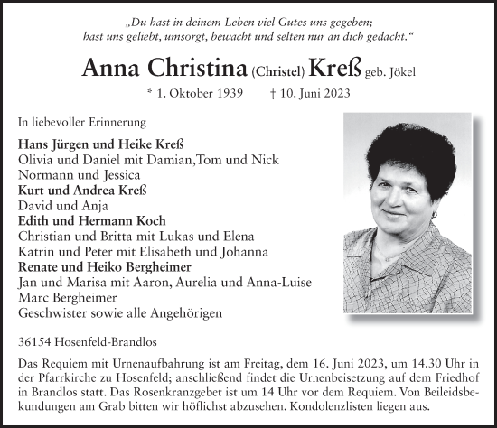 Traueranzeige von Anna Christina Kreß von FZ