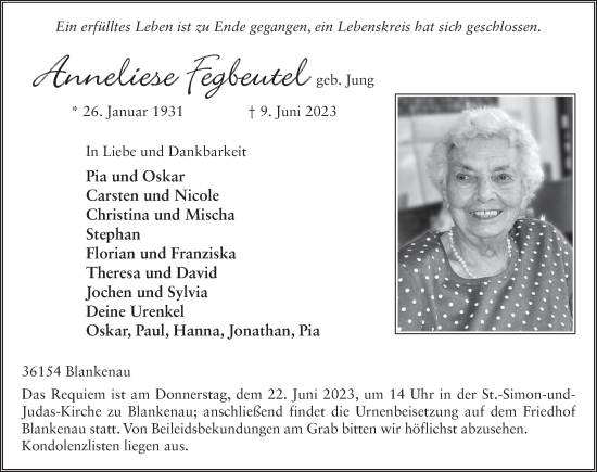 Traueranzeige von Anneliese Fegbeutel von FZ