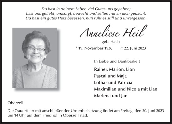 Traueranzeige von Anneliese Heil von FZ