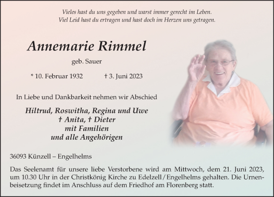 Traueranzeige von Annemarie Rimmel von FZ