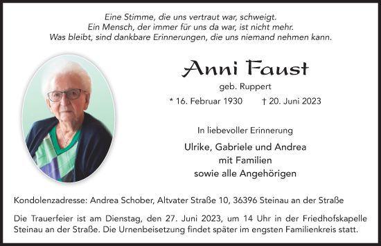 Traueranzeige von Anni Faust von FZ