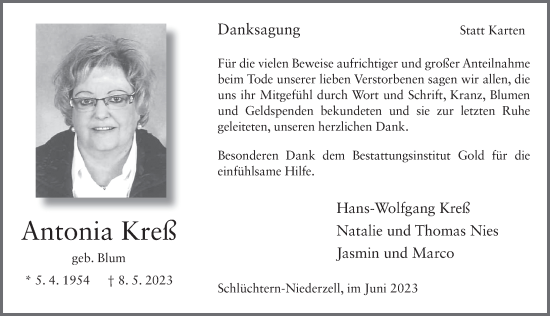 Traueranzeige von Antonia Kress von FZ