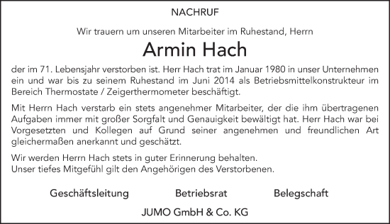 Traueranzeige von Armin Hach von FZ