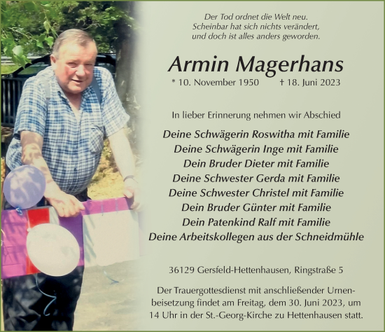 Traueranzeige von Armin Magerhans von FZ